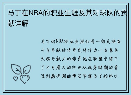 马丁在NBA的职业生涯及其对球队的贡献详解