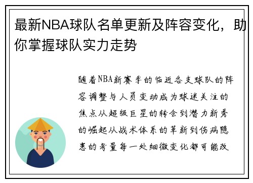最新NBA球队名单更新及阵容变化，助你掌握球队实力走势